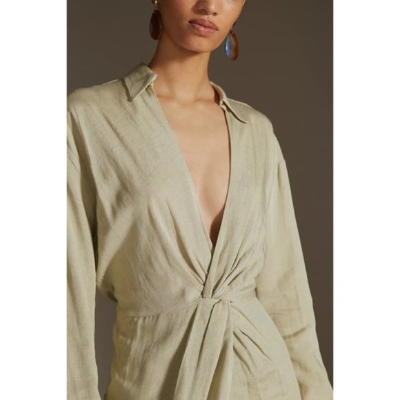 Anthropologie 4 NWT V-Neck Knot Front Midi Dress Sage Green Linen Blend - Picture 7 of 12